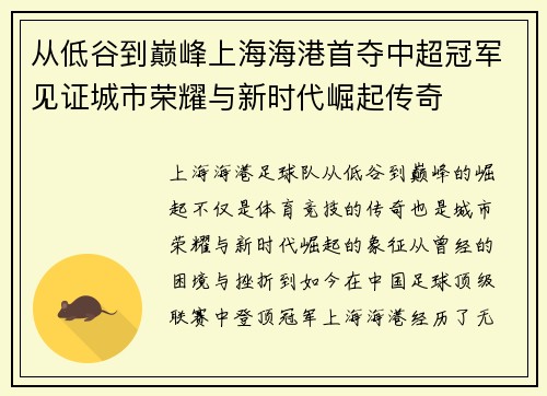 从低谷到巅峰上海海港首夺中超冠军见证城市荣耀与新时代崛起传奇