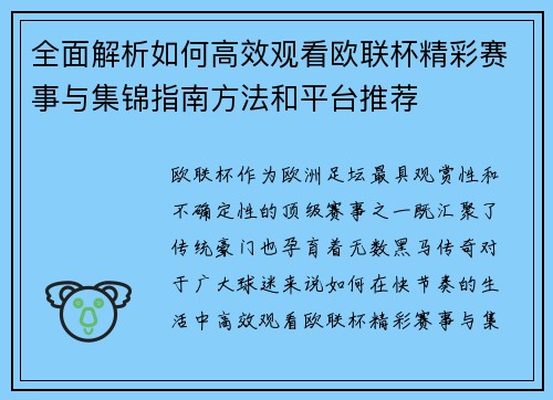 全面解析如何高效观看欧联杯精彩赛事与集锦指南方法和平台推荐