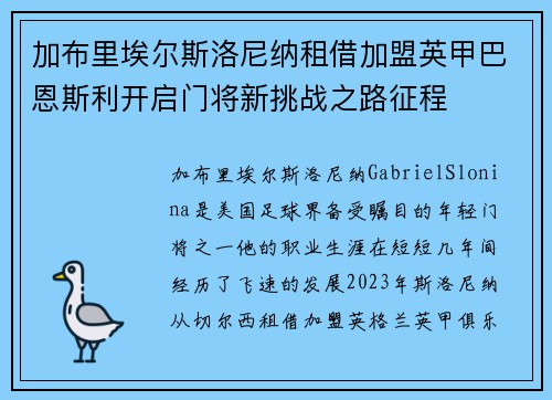 加布里埃尔斯洛尼纳租借加盟英甲巴恩斯利开启门将新挑战之路征程